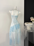 Niulatu High Low Spaghetti Straps Ice Blue Ombre Dress Beach Holiday Dresses SD285
