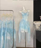Niulatu High Low Spaghetti Straps Ice Blue Ombre Dress Beach Holiday Dresses SD285