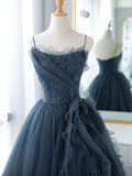 Niulatu Ball Gown Spaghetti Straps Neckline Gray Tulle Evening Dress Prom Dresses SD2860