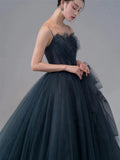 Niulatu Ball Gown Spaghetti Straps Neckline Gray Tulle Evening Dress Prom Dresses SD2860