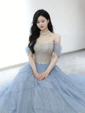 Sexy Ball Gown Off The Shoulder Blue Elegant Tulle Long Prom Dresses HZ1214
