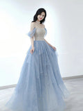 Sexy Ball Gown Off The Shoulder Blue Elegant Tulle Long Prom Dresses HZ1214