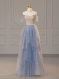 Sexy Ball Gown Off The Shoulder Blue Elegant Tulle Long Prom Dresses HZ1214