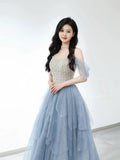 Sexy Ball Gown Off The Shoulder Blue Elegant Tulle Long Prom Dresses HZ1214