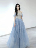 Sexy Ball Gown Off The Shoulder Blue Elegant Tulle Long Prom Dresses HZ1214