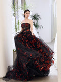 Classy Ball Gown Strapless Tulle Black Evening Dress Long Prom Dresses HZ1214