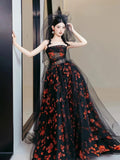Classy Ball Gown Strapless Tulle Black Evening Dress Long Prom Dresses HZ1214