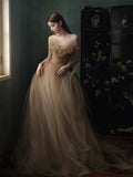 Classy Ball Gown Sweetheart Tulle Champagne Evening Dress Long Prom Dresses HZ1214