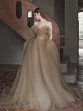 Classy Ball Gown Sweetheart Tulle Champagne Evening Dress Long Prom Dresses HZ1214