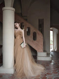 Classy Ball Gown Sweetheart Tulle Champagne Evening Dress Long Prom Dresses HZ1214
