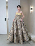 Classy Ball Gown Strapless Satin Floral Evening Dress Long Prom Dresses HZ1214