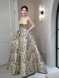 Classy Ball Gown Strapless Satin Floral Evening Dress Long Prom Dresses HZ1214