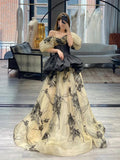 Sexy Ball Gown Off The Shoulder Champagne Elegant Tulle Long Prom Dresses HZ1214