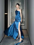 Classy Mermaid One Shoulder Blue Satin Evening Dress Long Prom Dresses HZ1214