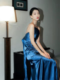 Classy Mermaid One Shoulder Blue Satin Evening Dress Long Prom Dresses HZ1214