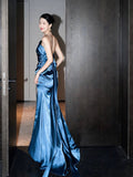 Classy Mermaid One Shoulder Blue Satin Evening Dress Long Prom Dresses HZ1214