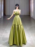 Classy Ball Gown Strapless Satin Olive Green Evening Dress Long Prom Dresses HZ1214