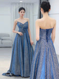 Classy Ball Gown Sweetheart Blue Sequin Evening Dress Long Prom Dresses HZ1214