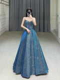 Classy Ball Gown Sweetheart Blue Sequin Evening Dress Long Prom Dresses HZ1214