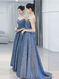 Classy Ball Gown Sweetheart Blue Sequin Evening Dress Long Prom Dresses HZ1214