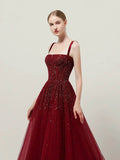 Classy Ball Gown Straps Burgundy Sequin Evening Dress Long Prom Dresses HZ1214