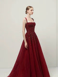 Classy Ball Gown Straps Burgundy Sequin Evening Dress Long Prom Dresses HZ1214