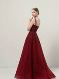 Classy Ball Gown Straps Burgundy Sequin Evening Dress Long Prom Dresses HZ1214