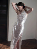 Classy Mermaid One Shoulder Silver Sequin Evening Dress Long Prom Dresses HZ1214