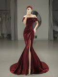 Classy Mermaid Off The Shoulder Burgundy Satin Slit Evening Dress Long Prom Dresses HZ1214