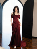 Classy Mermaid Off The Shoulder Burgundy Satin Slit Evening Dress Long Prom Dresses HZ1214