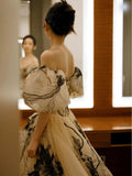 Sexy Ball Gown Off The Shoulder Champagne Elegant Tulle Long Prom Dresses HZ1214