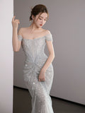 Classy Mermaid Off The Shoulder Silver Sequin Long Evening Dress Long Prom Dresses HZ1214