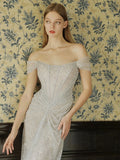 Classy Mermaid Off The Shoulder Silver Sequin Long Evening Dress Long Prom Dresses HZ1214