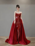 Classy Mermaid Strapless Red Sequin Long Evening Dress Long Prom Dresses HZ1214