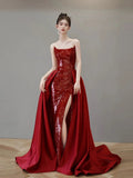 Classy Mermaid Strapless Red Sequin Long Evening Dress Long Prom Dresses HZ1214