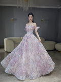 Classy Ball Gown Straps Pink Floral Evening Dress Long Prom Dresses HZ1214