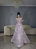 Classy Ball Gown Straps Pink Floral Evening Dress Long Prom Dresses HZ1214