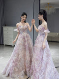 Classy Ball Gown Straps Pink Floral Evening Dress Long Prom Dresses HZ1214