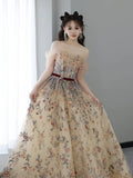 Sexy Ball Gown Off The Shoulder Long Sleeves Champagne Elegant Tulle Long Prom Dresses HZ1214