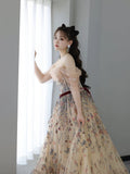 Sexy Ball Gown Off The Shoulder Long Sleeves Champagne Elegant Tulle Long Prom Dresses HZ1214
