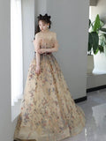 Sexy Ball Gown Off The Shoulder Long Sleeves Champagne Elegant Tulle Long Prom Dresses HZ1214