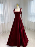 Classy Elegant A line Straps Burgundy Beading Sleeveless Velvet Prom Dresses HZ1214