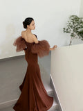 Classy Mermaid Off The Shoulder Satin Brown Evening Dress Long Prom Dresses HZ1214