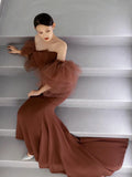 Classy Mermaid Off The Shoulder Satin Brown Evening Dress Long Prom Dresses HZ1214