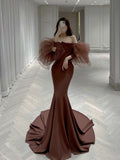 Classy Mermaid Off The Shoulder Satin Brown Evening Dress Long Prom Dresses HZ1214