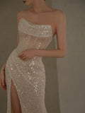 Classy Mermaid Strapless White Sequin Slit Evening Dress Long Prom Dresses HZ1214