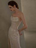 Classy Mermaid Strapless White Sequin Slit Evening Dress Long Prom Dresses HZ1214