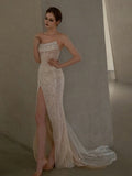 Classy Mermaid Strapless White Sequin Slit Evening Dress Long Prom Dresses HZ1214