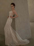 Classy Mermaid Strapless White Sequin Slit Evening Dress Long Prom Dresses HZ1214