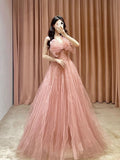 Classy Elegant A line Spaghetti Straps Pink Tulle Beading Sleeveless Prom Dresses HZ1214